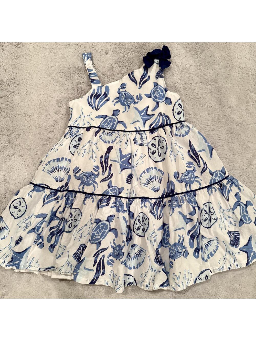 Girls One-Shoulder Blue and White Sea Life Print Dress